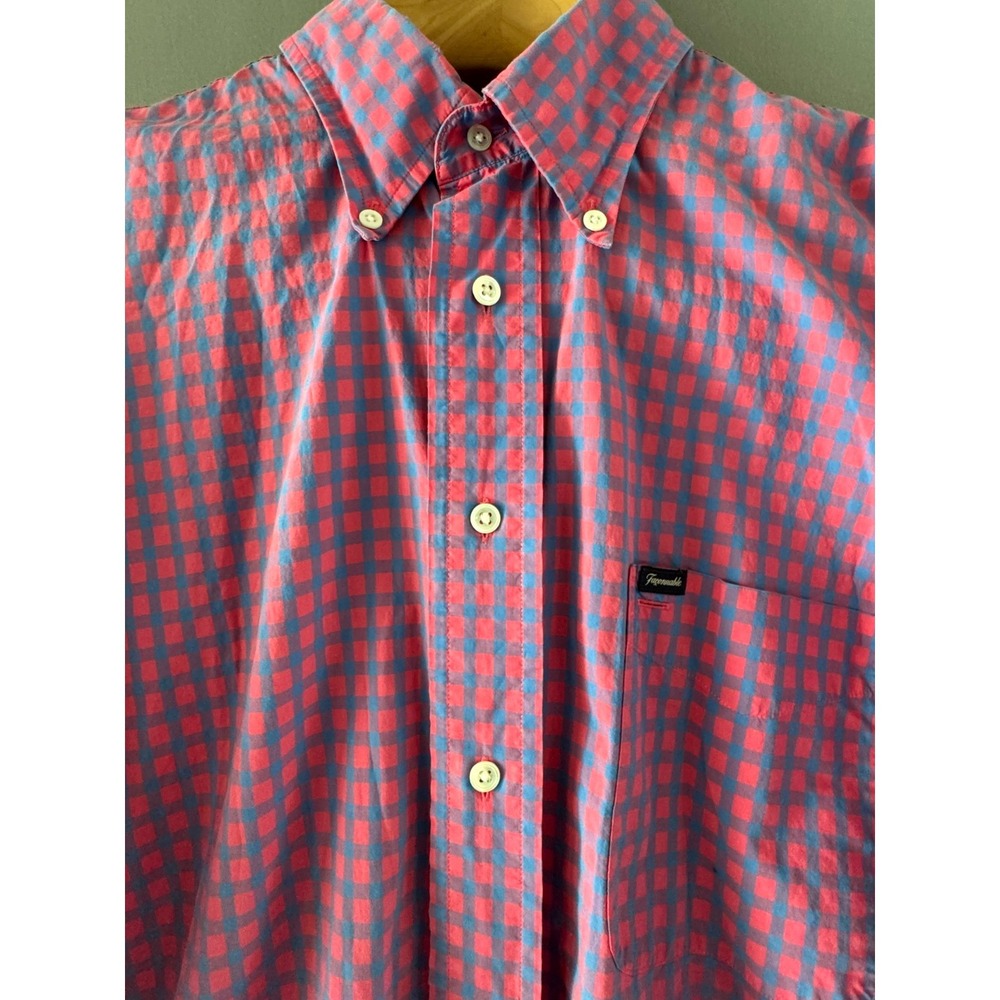 Faconnable Shirt Men XL 100% Cotton Short Sleeve Button Up Blue Pink Check Soft